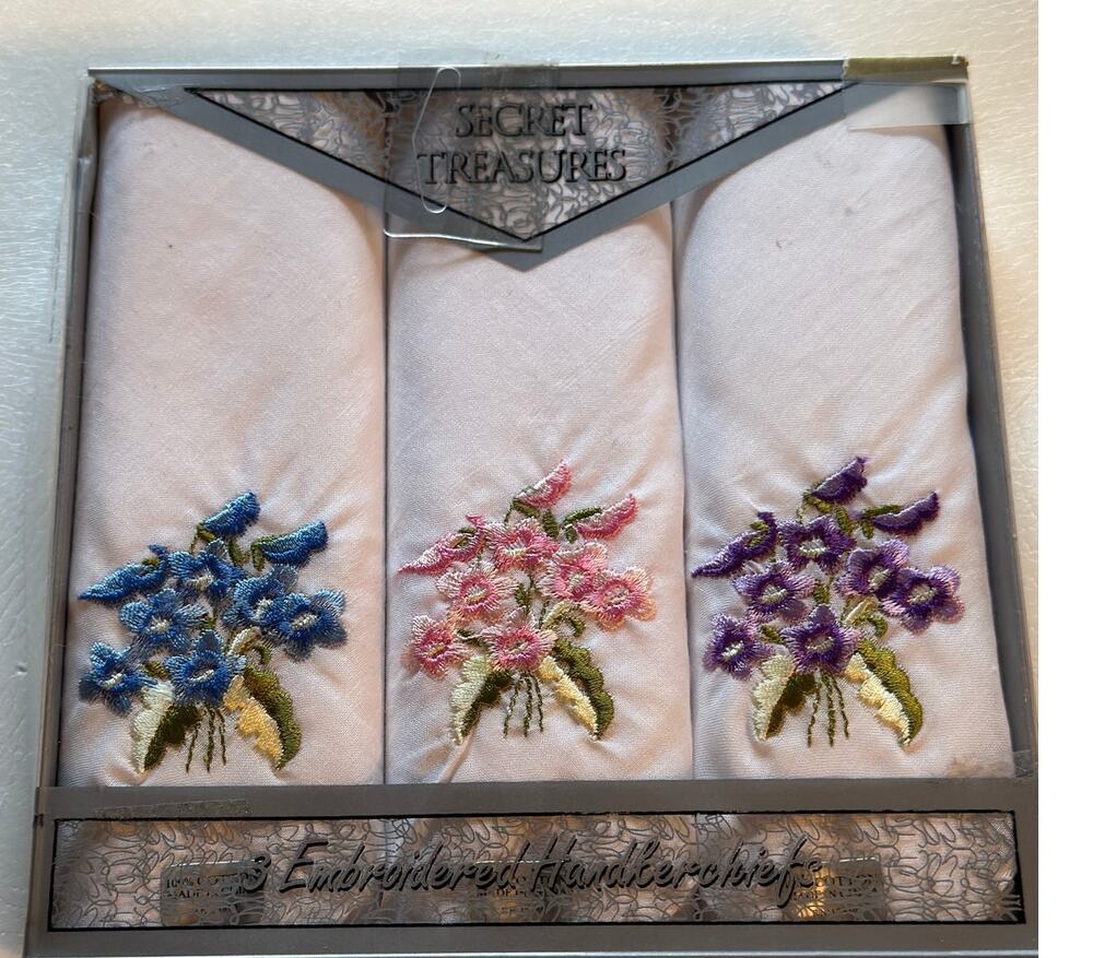 Handkerchief Set · Embroidered Cotton · White Floral · New in Box